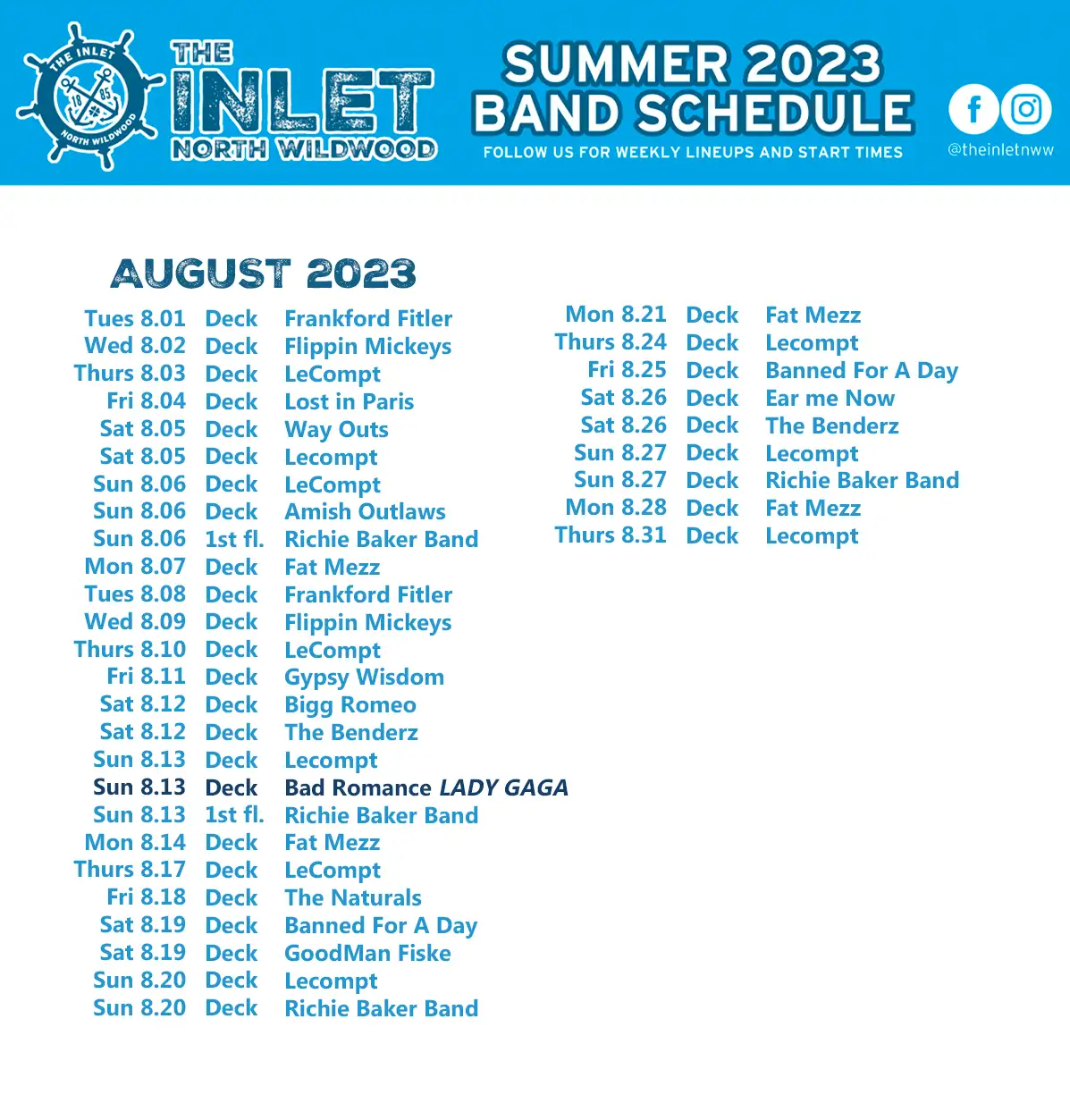 July 2023 Band Schedule