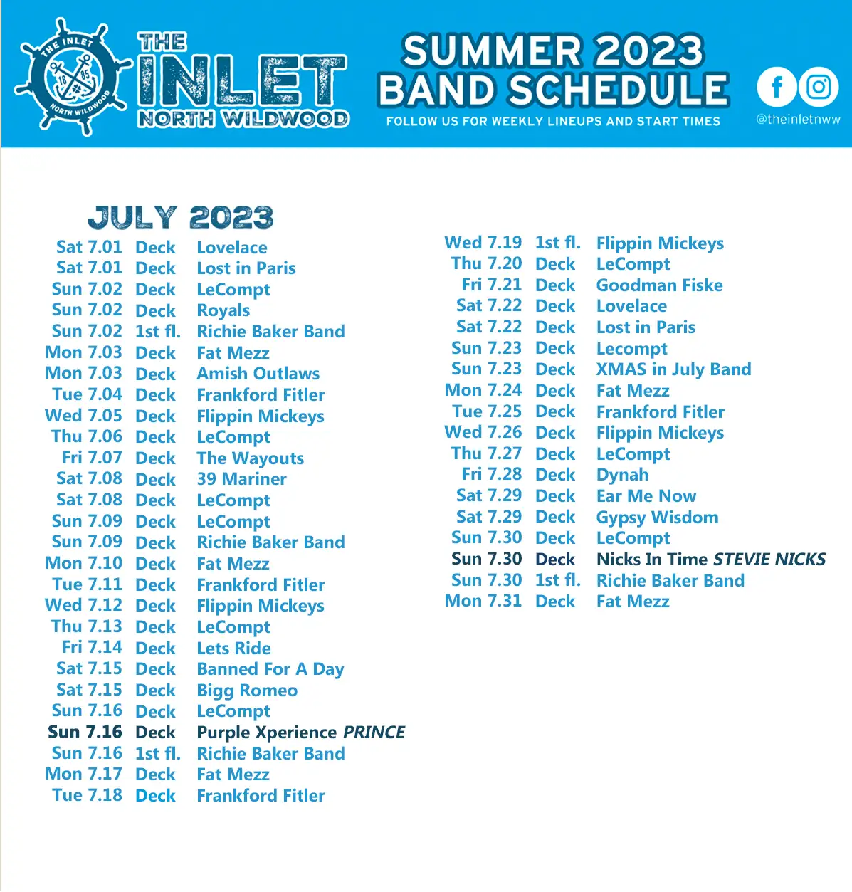 July 2023 Band Schedule